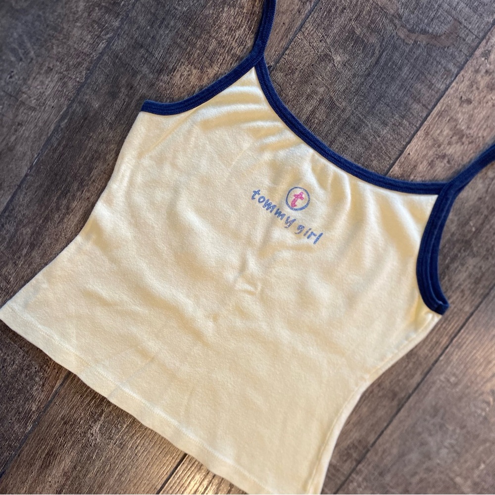 y2k vintage tommy girl cropped spaghetti strap tank pastel yellow & navy